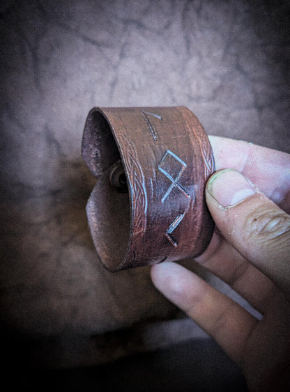 Leather Rune Bracelet - Handmade Cuff with Viking Runic Inscription