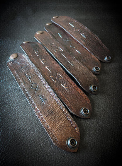 Leather Rune Bracelet - Handmade Cuff with Viking Runic Inscription