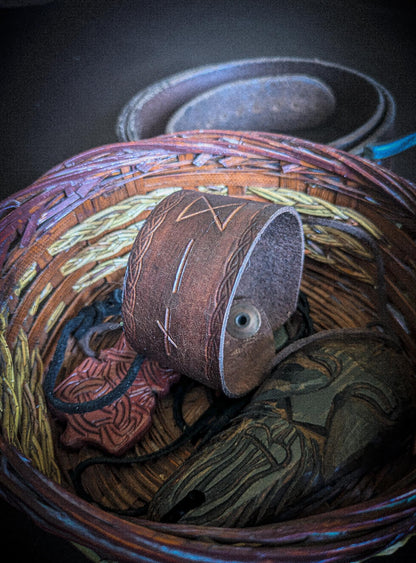 Leather Rune Bracelet - Handmade Cuff with Viking Runic Inscription