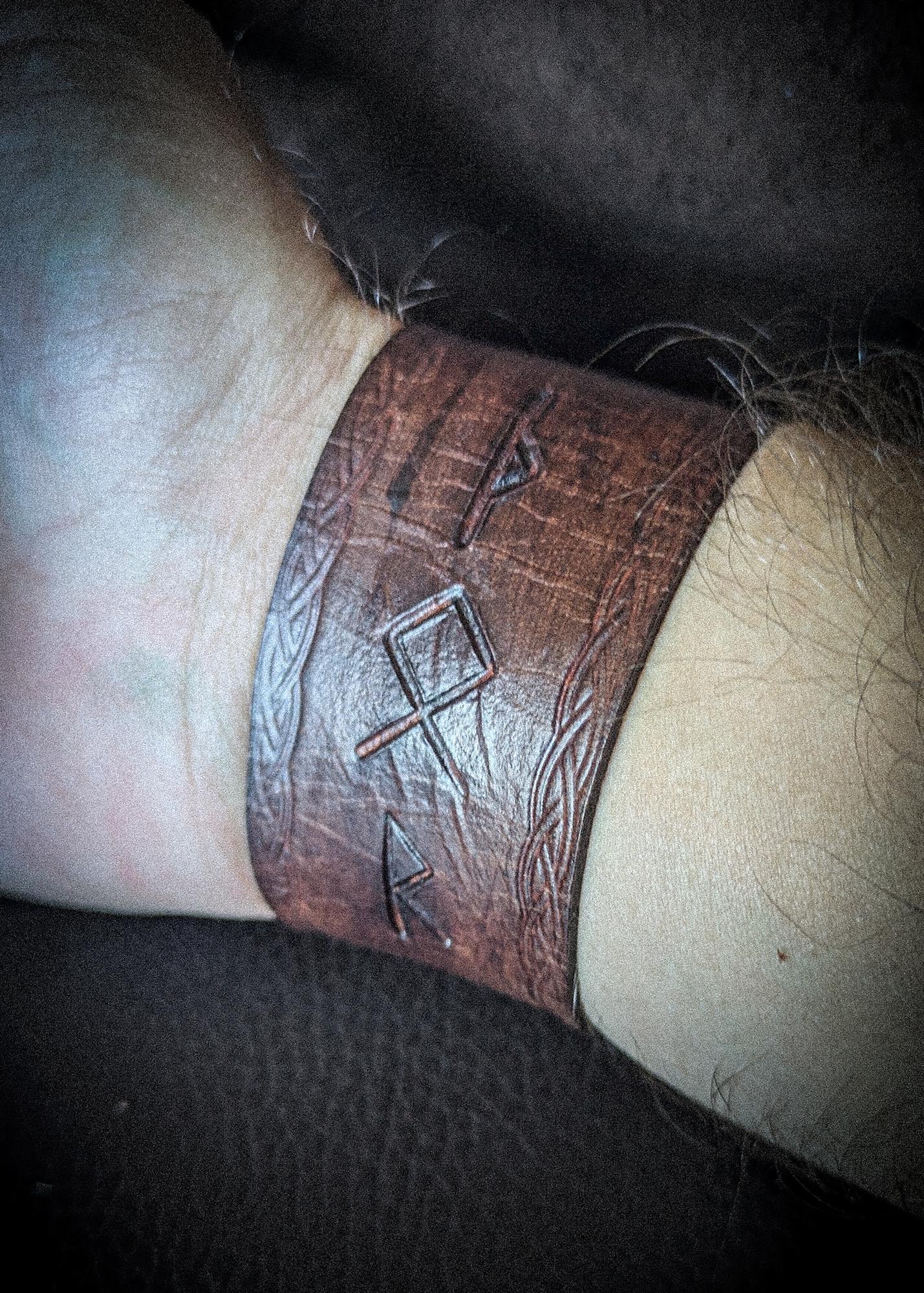 Leather Rune Bracelet - Handmade Cuff with Viking Runic Inscription