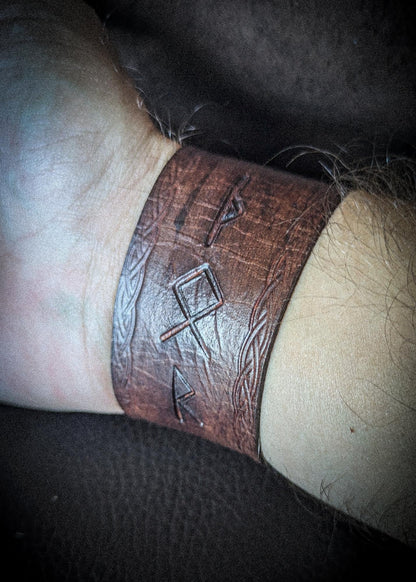 Leather Rune Bracelet - Handmade Cuff with Viking Runic Inscription