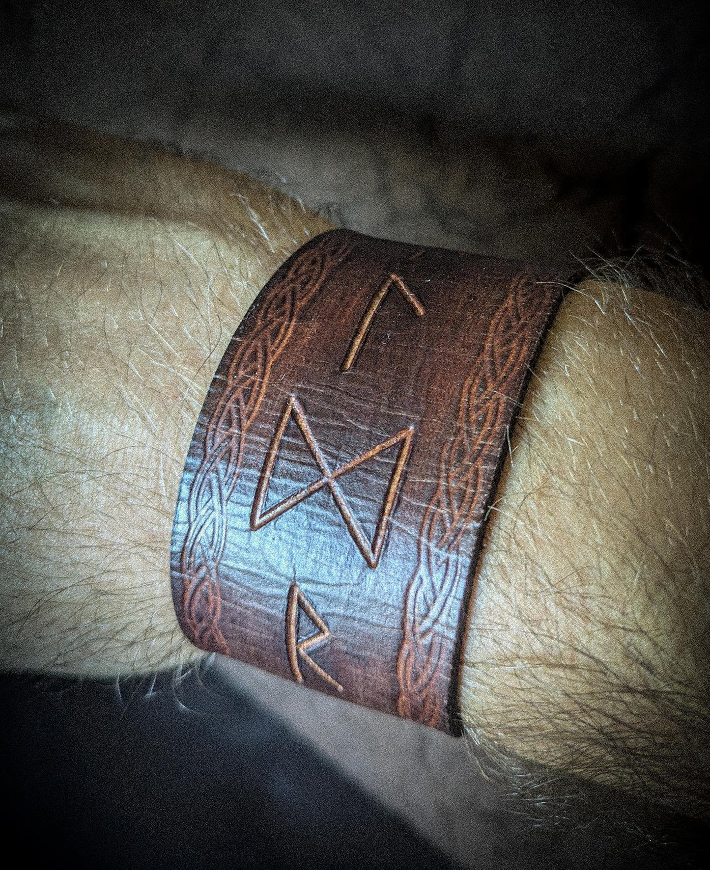 Leather Rune Bracelet - Handmade Cuff with Viking Runic Inscription