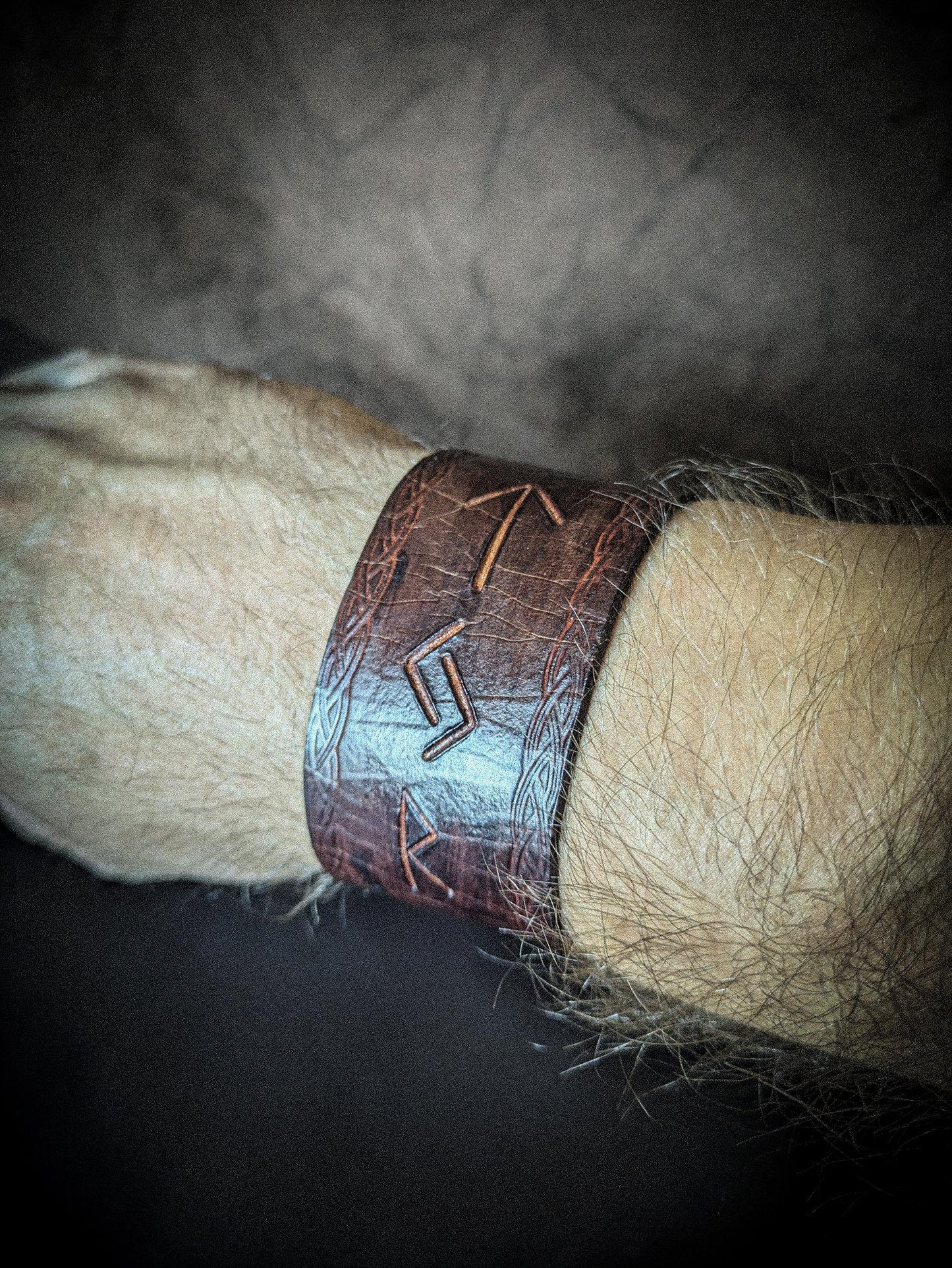 Leather Rune Bracelet - Handmade Cuff with Viking Runic Inscription