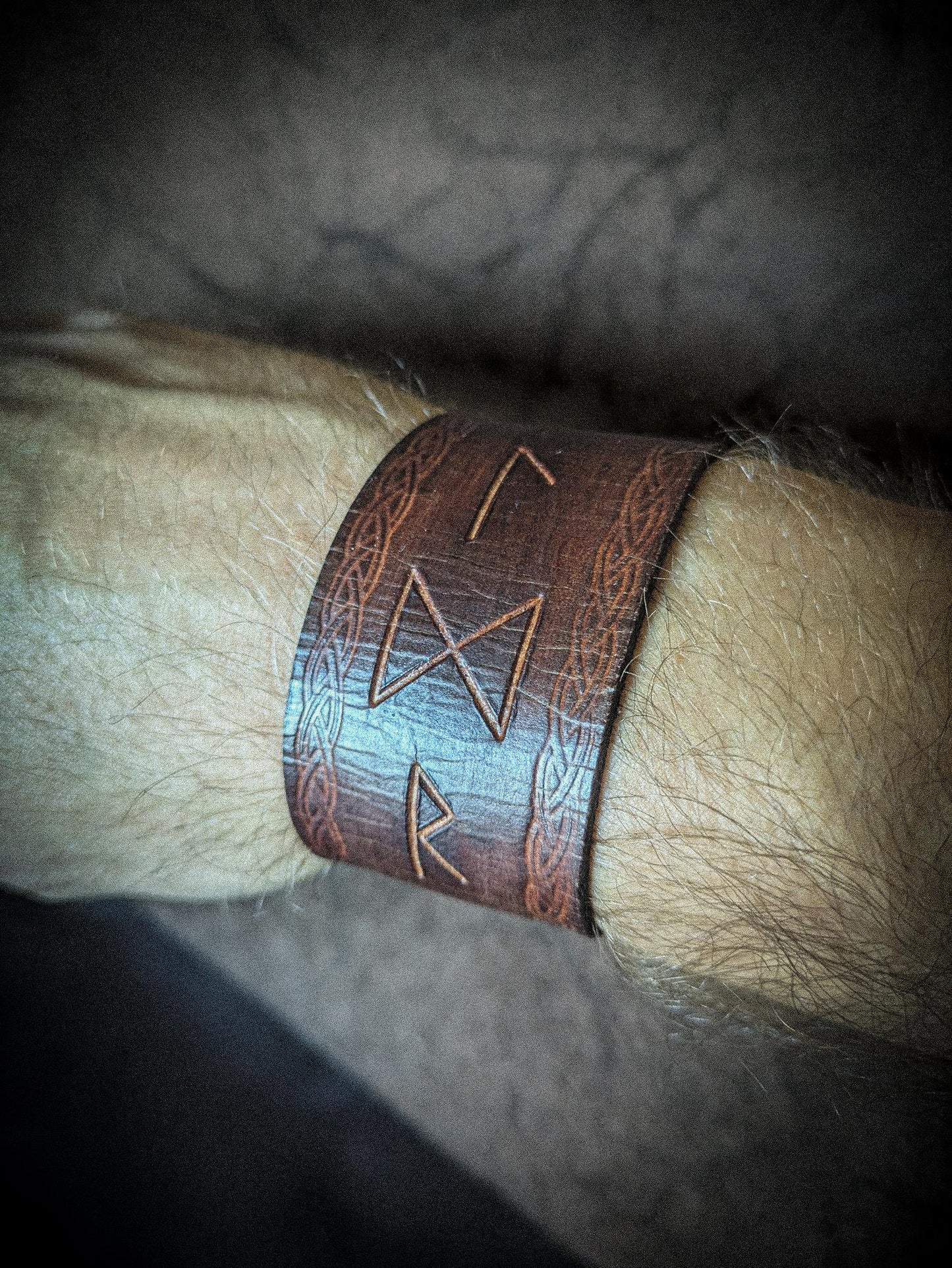 Leather Rune Bracelet - Handmade Cuff with Viking Runic Inscription