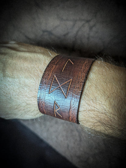 Leather Rune Bracelet - Handmade Cuff with Viking Runic Inscription