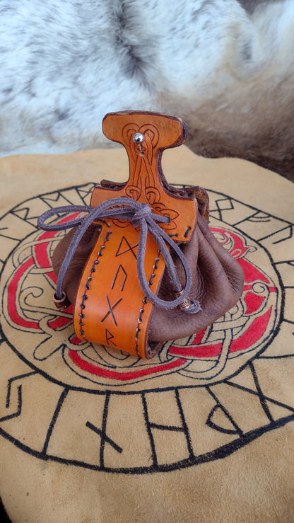 Leather Mjolnir Drawstring Rune Pouch