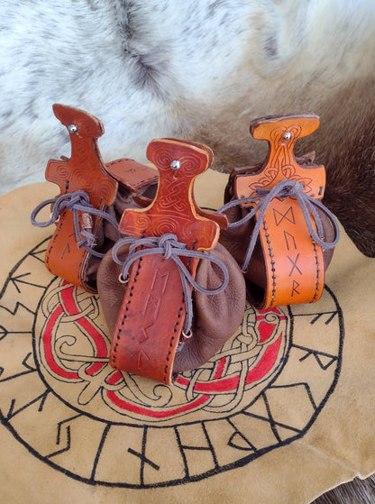 Leather Mjolnir Drawstring Rune Pouch