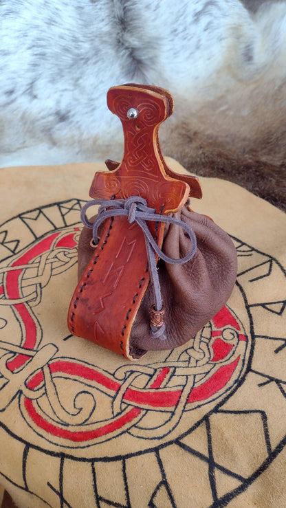 Leather Mjolnir Drawstring Rune Pouch