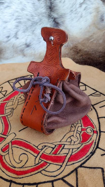 Leather Mjolnir Drawstring Rune Pouch